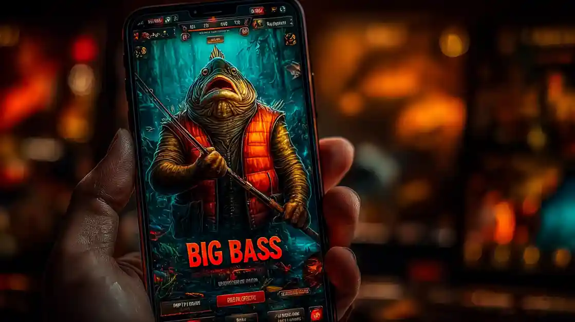 A close-up of a hand holding a smartphone showcasing a BIG BASS fishing game, featuring an anthropomorphic fish character, highlighting the engaging casual games on app2222.