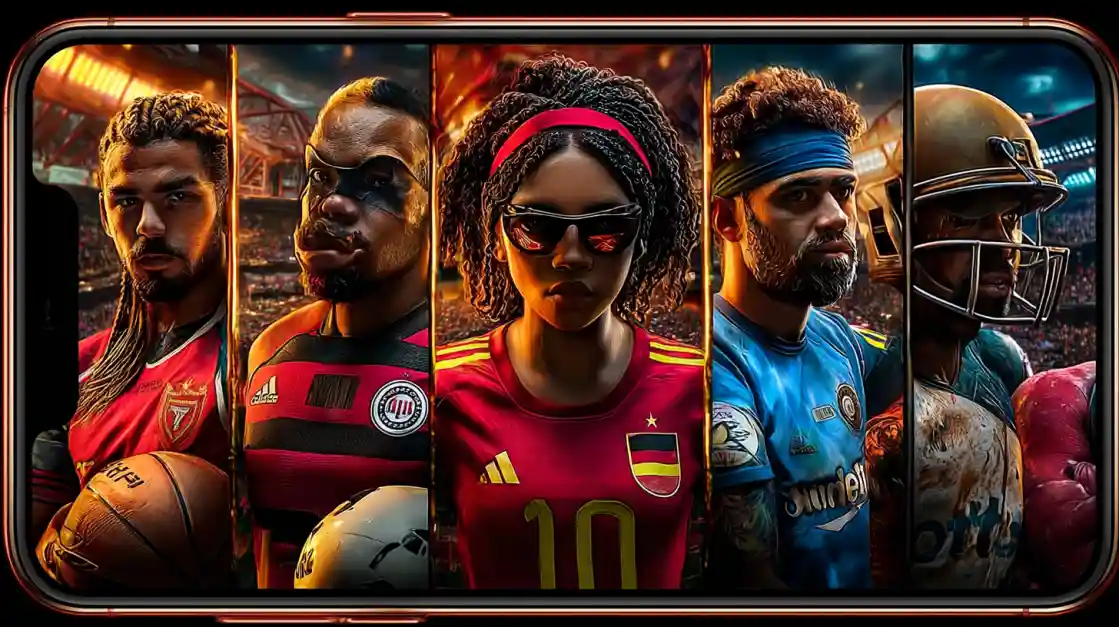 A smartphone screen displays a powerful collage of diverse male and female athletes from various sports, including football and soccer, representing the comprehensive sports betting options at app2222.