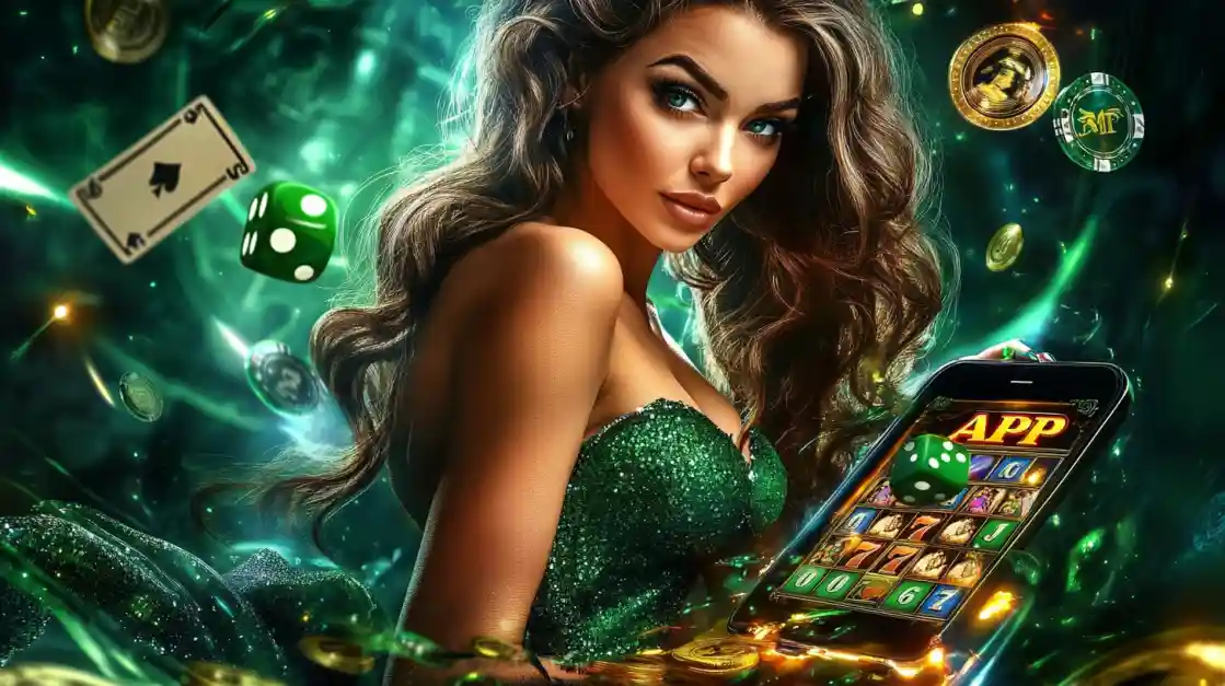 An enchanting woman with flowing hair, adorned in green, gazes captivatingly, surrounded by floating cards, dice, and coins, alongside a smartphone featuring the app2222 gaming app.