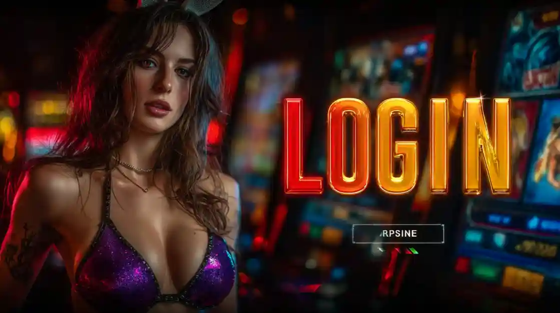 A captivating woman in a shimmering top stands beside a prominent LOGIN interface, with app2222 slot machines softly blurred in the background, inviting users to enter the world of app2222.