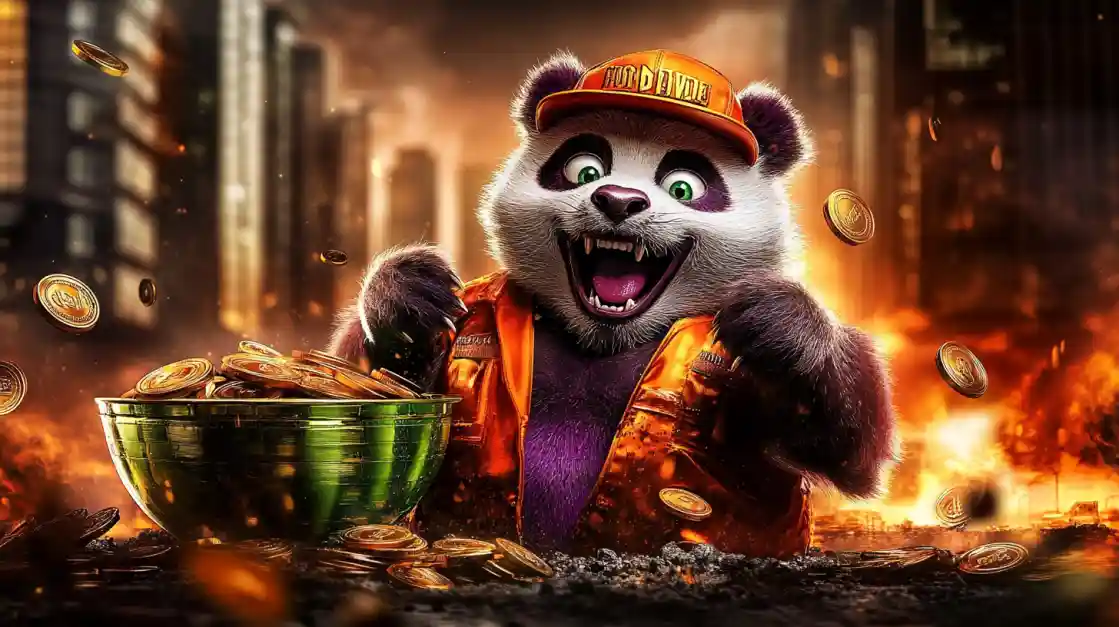 A cheerful panda character wearing an orange cap and jacket, surrounded by golden coins and a bowl of money, symbolizing wealth and good fortune with app2222.