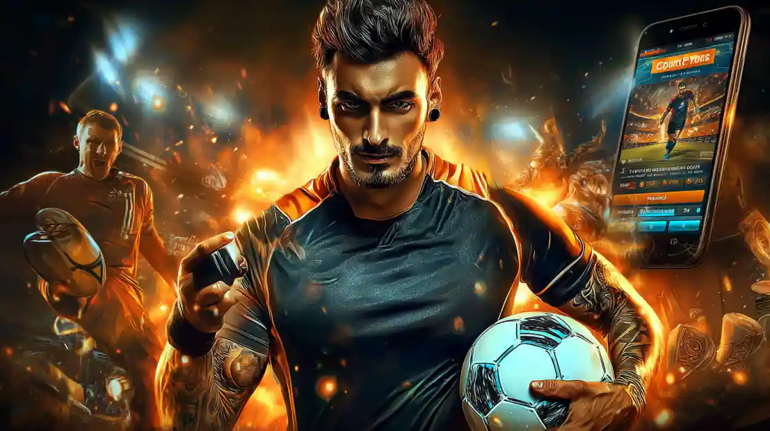 An intense male soccer player with tattoos holds a football, looking confidently at the camera with a app2222 sports betting app on a phone beside him, all set against a fiery action background.