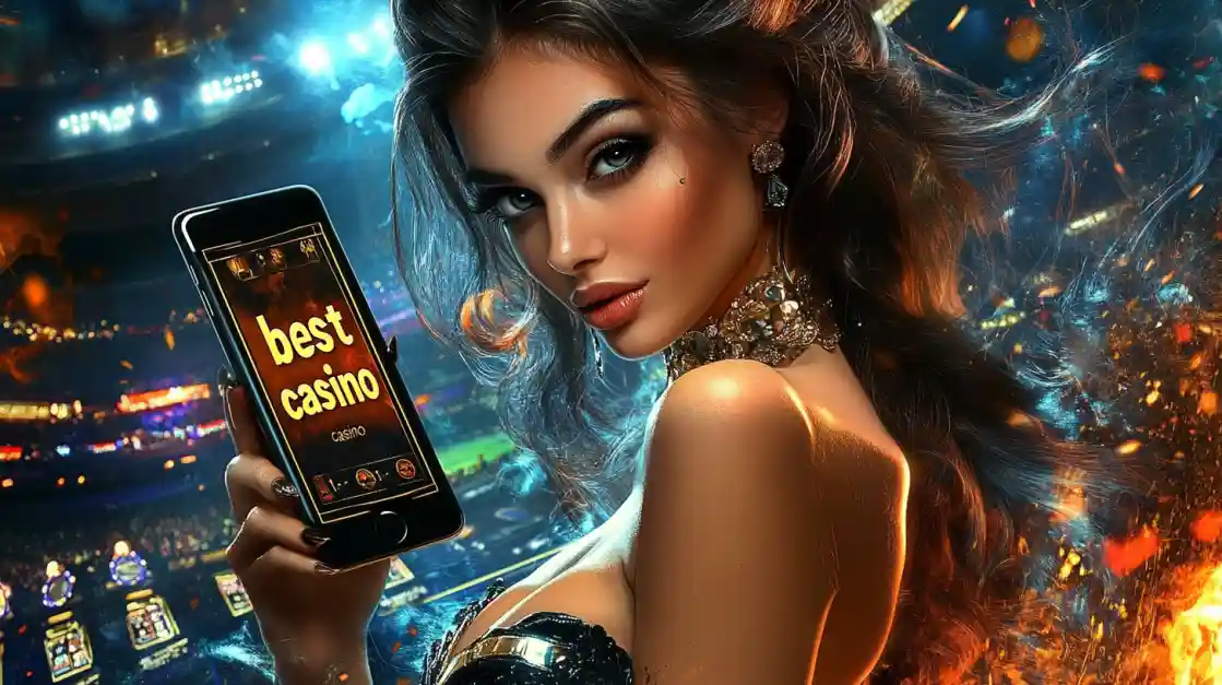 An alluring woman holds a smartphone with the best casino app from app2222 glowing on the screen, set against the backdrop of a brightly lit stadium and ambient flames.