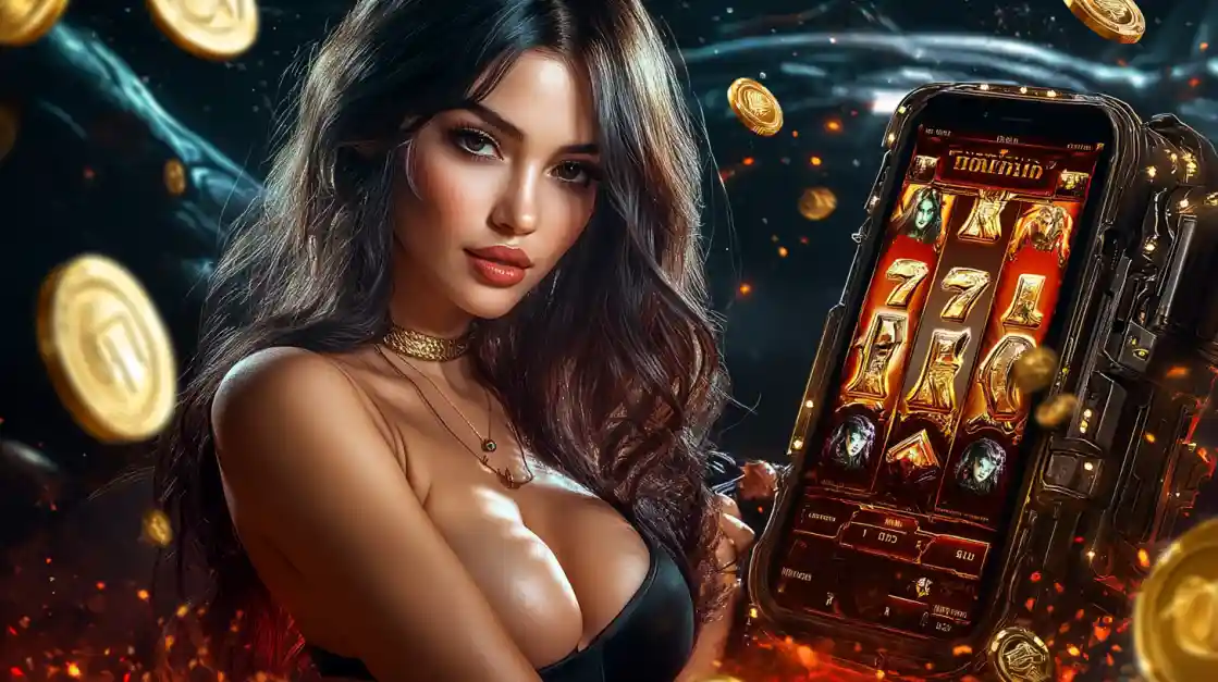 A beautiful woman in a black top looks confidently at the viewer while holding a smartphone displaying a app2222 mobile slot game with 777 symbols and golden coins.